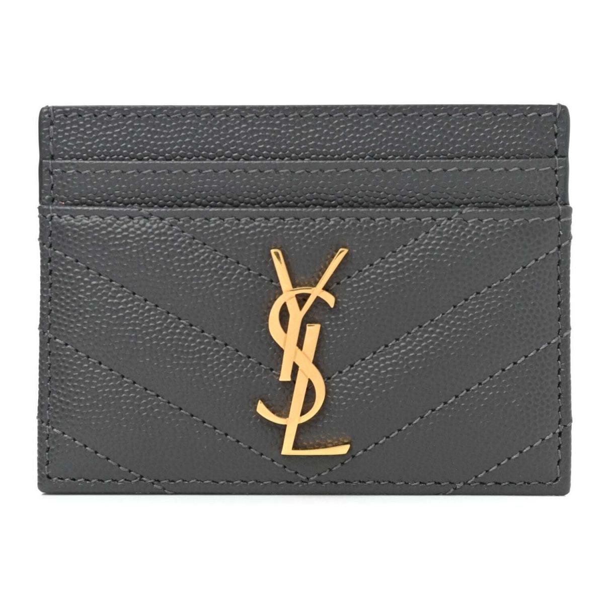 Saint Laurent Storm Grey Grain De Poudre Monogram Card Holder 423294