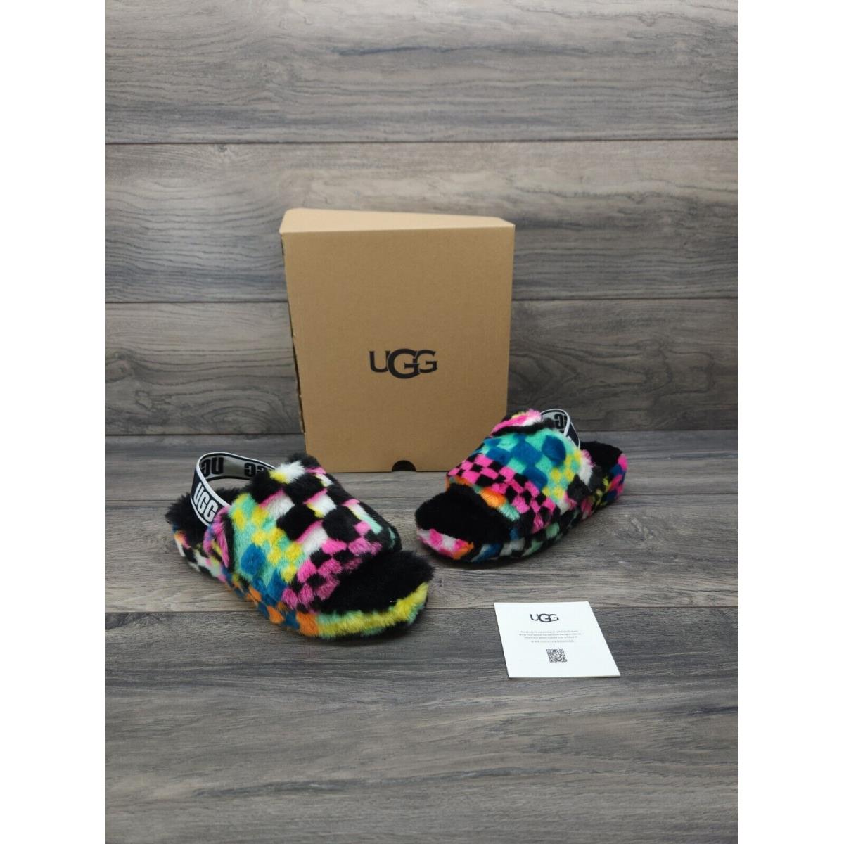 Ugg Australia Womens US 7 Fluff Yeah Slide Checks Slippers Shoe 1135510 Rainbow