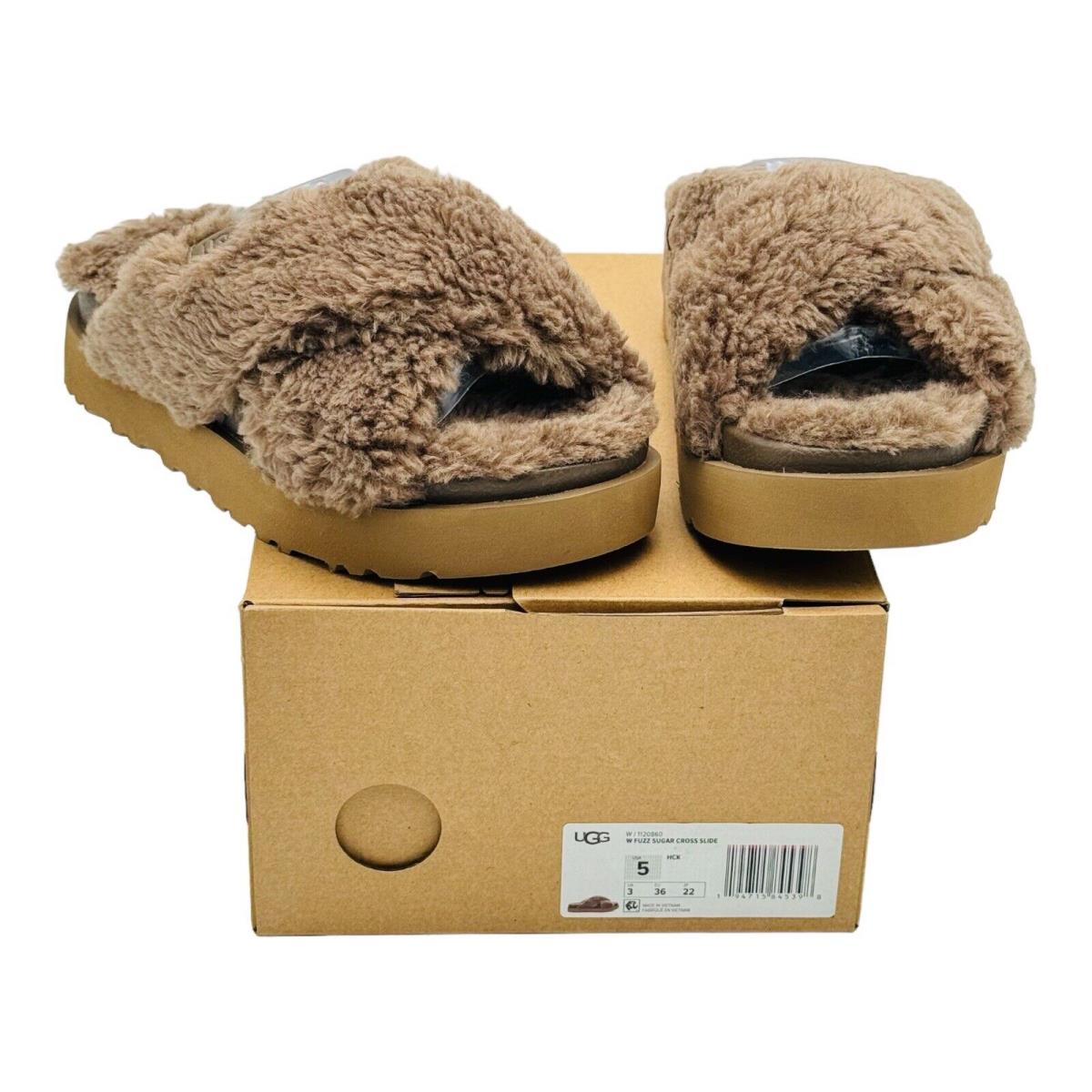 Ugg Women`s Fuzz Sugar Cross Slide Slippers 1120860 Hickory Taupe Size 5 Rare