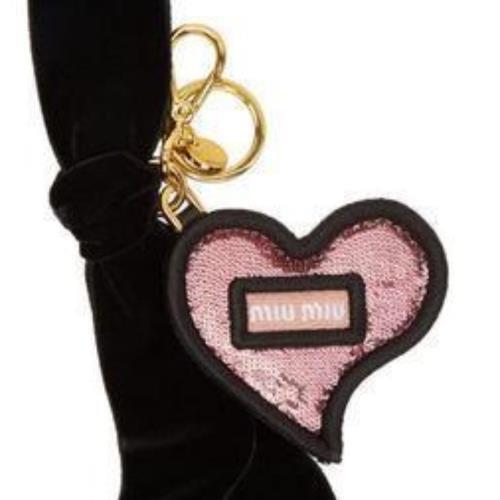 Miu Miu Trick in Pelle Heart Key Chain Bag Charm Pink Sequin Velvet Ribbon