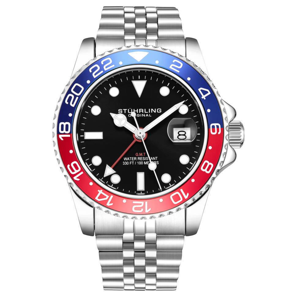 Stuhrling Aquadiver Men`s Watch Black Blue Red Stainless Steel