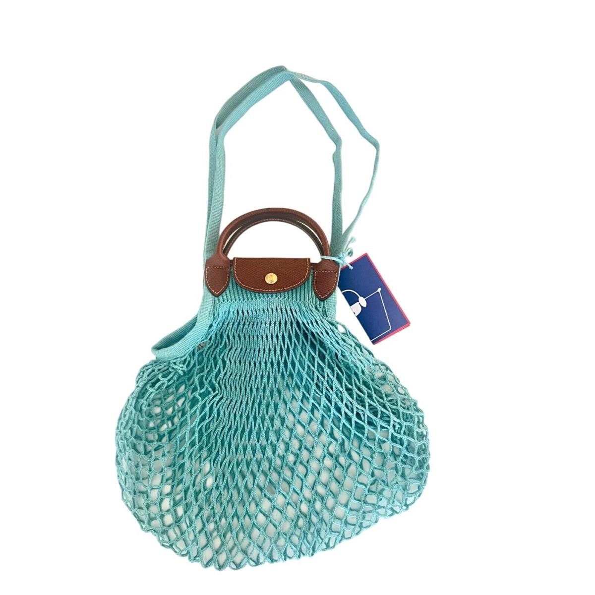 Longchamp Le Pliage Filet Mesh Tote Bag Lagoon Leather Trim Aqua Purse