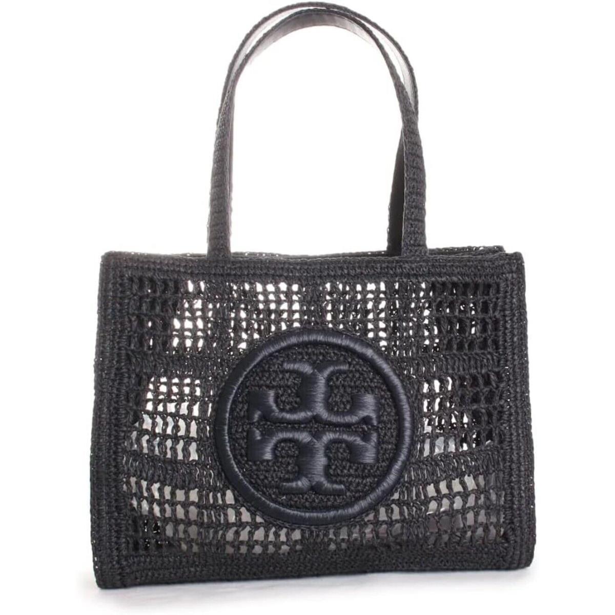 Tory Burch Hb Women Ella Tote Bag Hand Crocheted Raffia Small Black OS - Exterior: Black