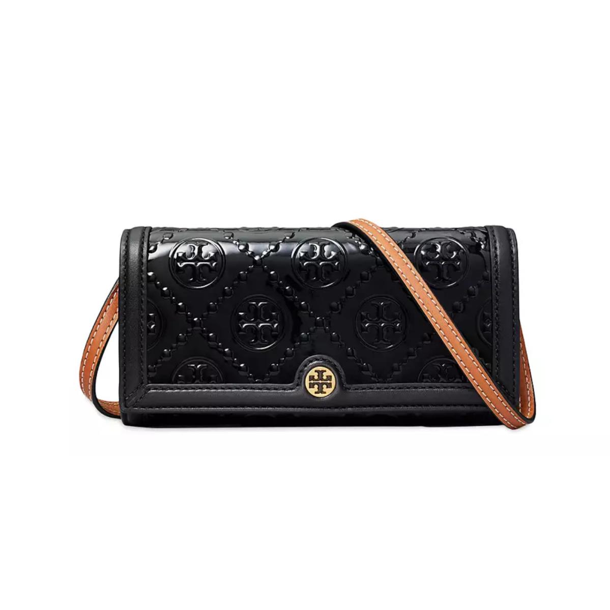 Tory Burch T Monogram Patent Leather Wallet Crossbody In Black