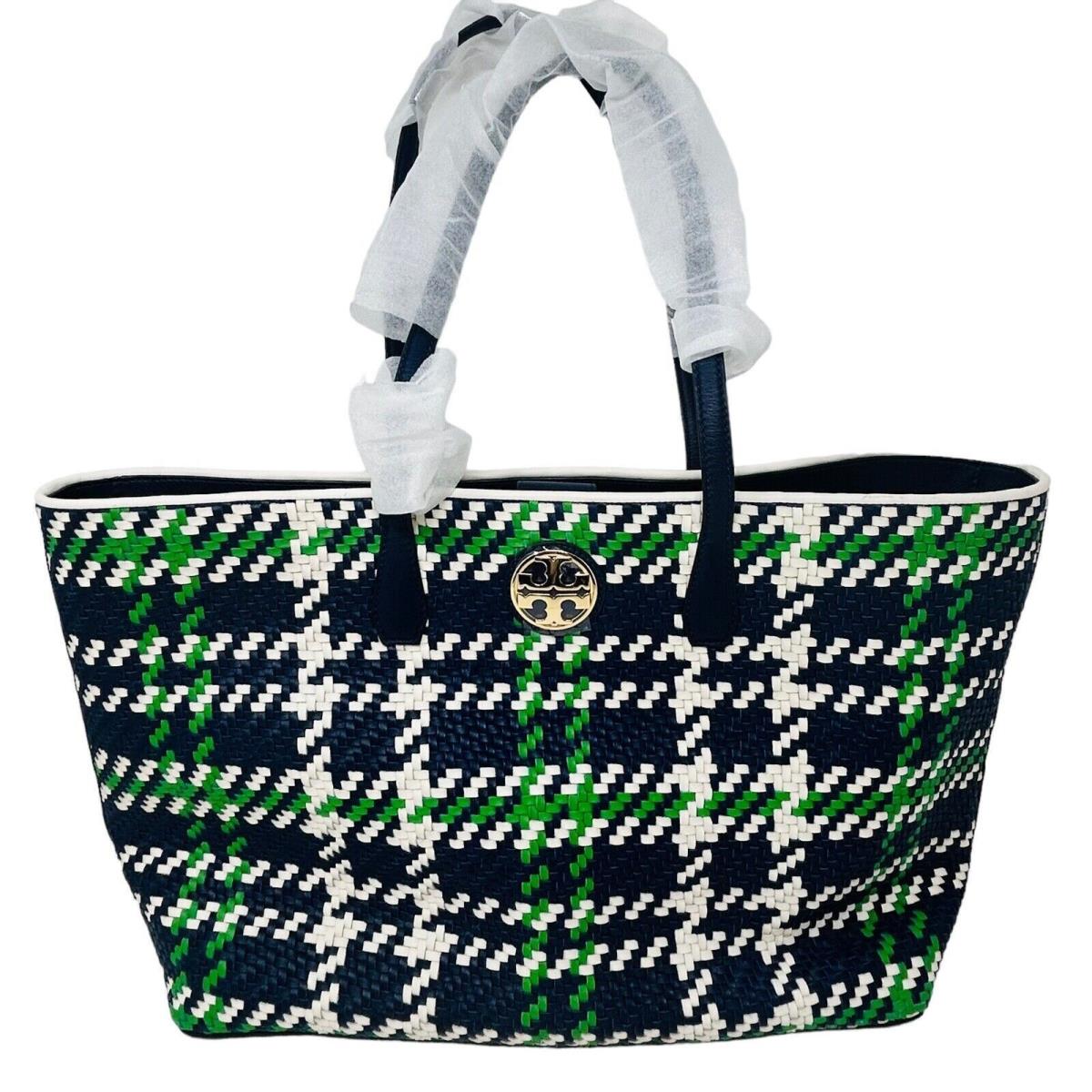 Tory Burch Duet Woven Leather Large Tote Blue Green White Houndstooth Nautical