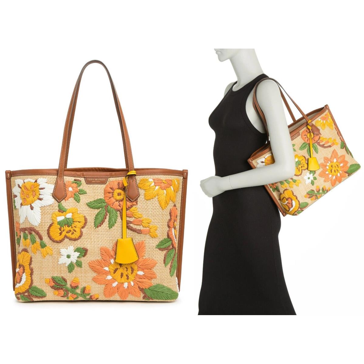 Tory Burch Perry Floral Embroidered Straw Tote Shopper Shoulder Bag in Natural