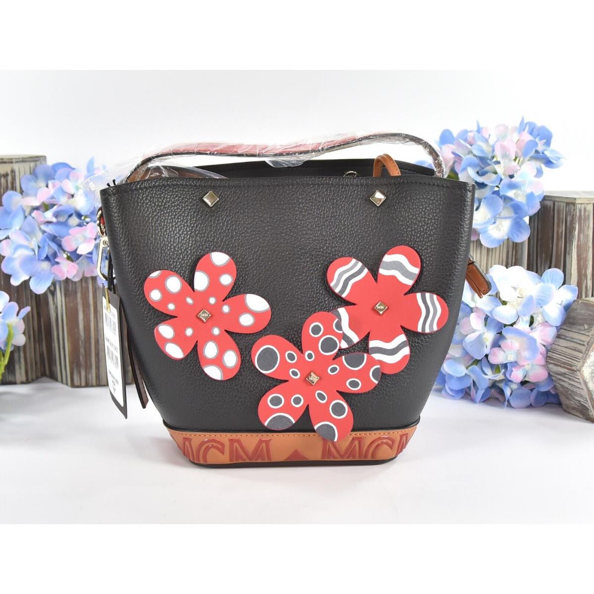 Mcm Red Black Goatskin Mini Upcycling Project Flower Milano Drawstring Bag