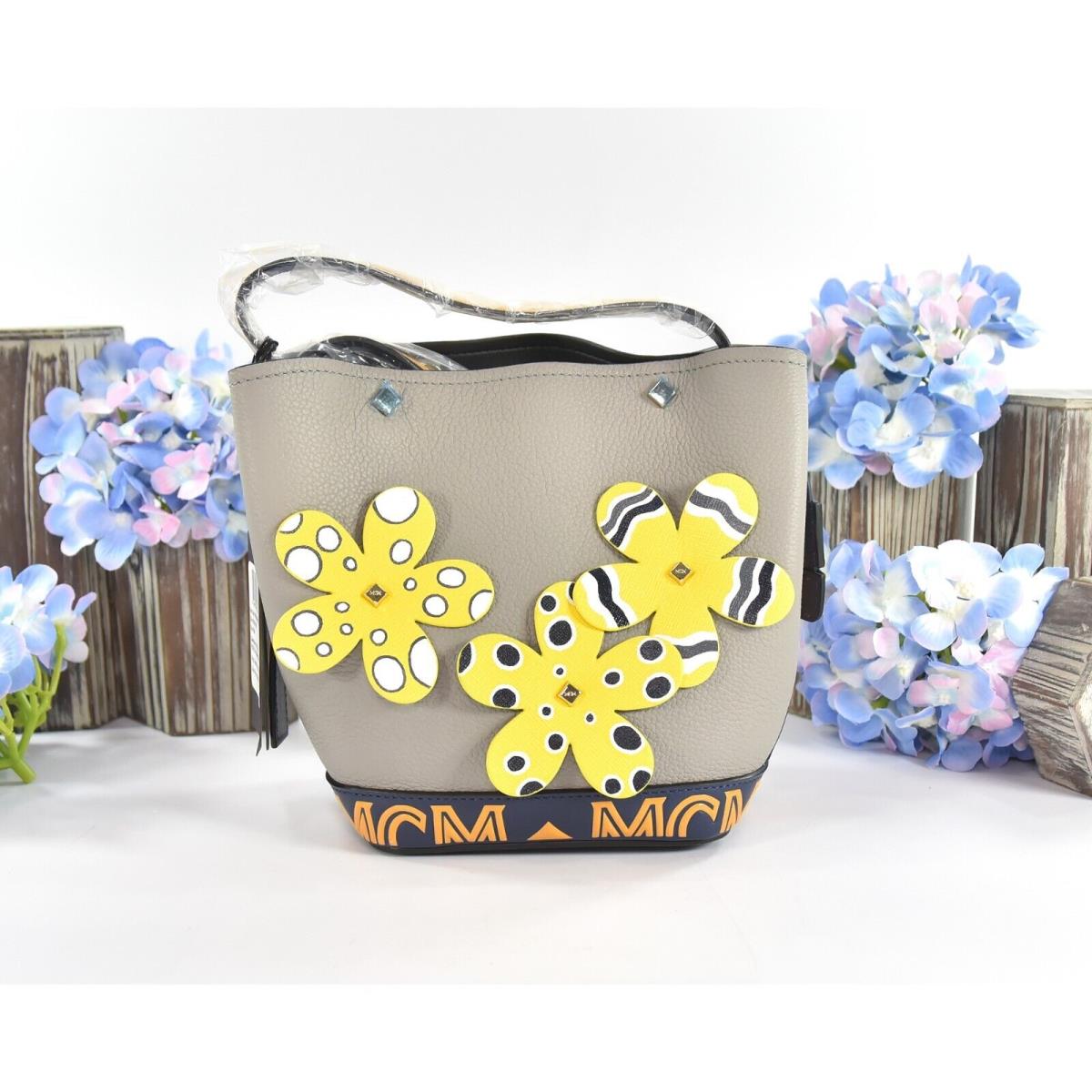 Mcm Yellow Grey Goatskin Mini Upcycling Project Flower Milano Drawstring Bag