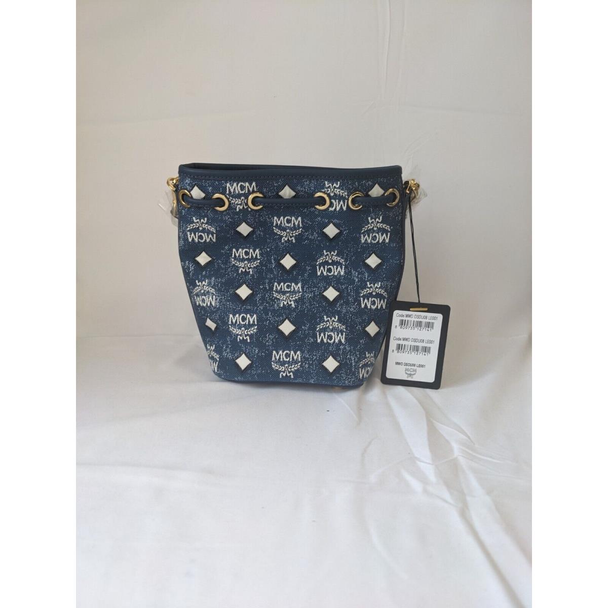 Mcm Mini Dessau Drawstring in Vintage Denim Jacquard in Blue