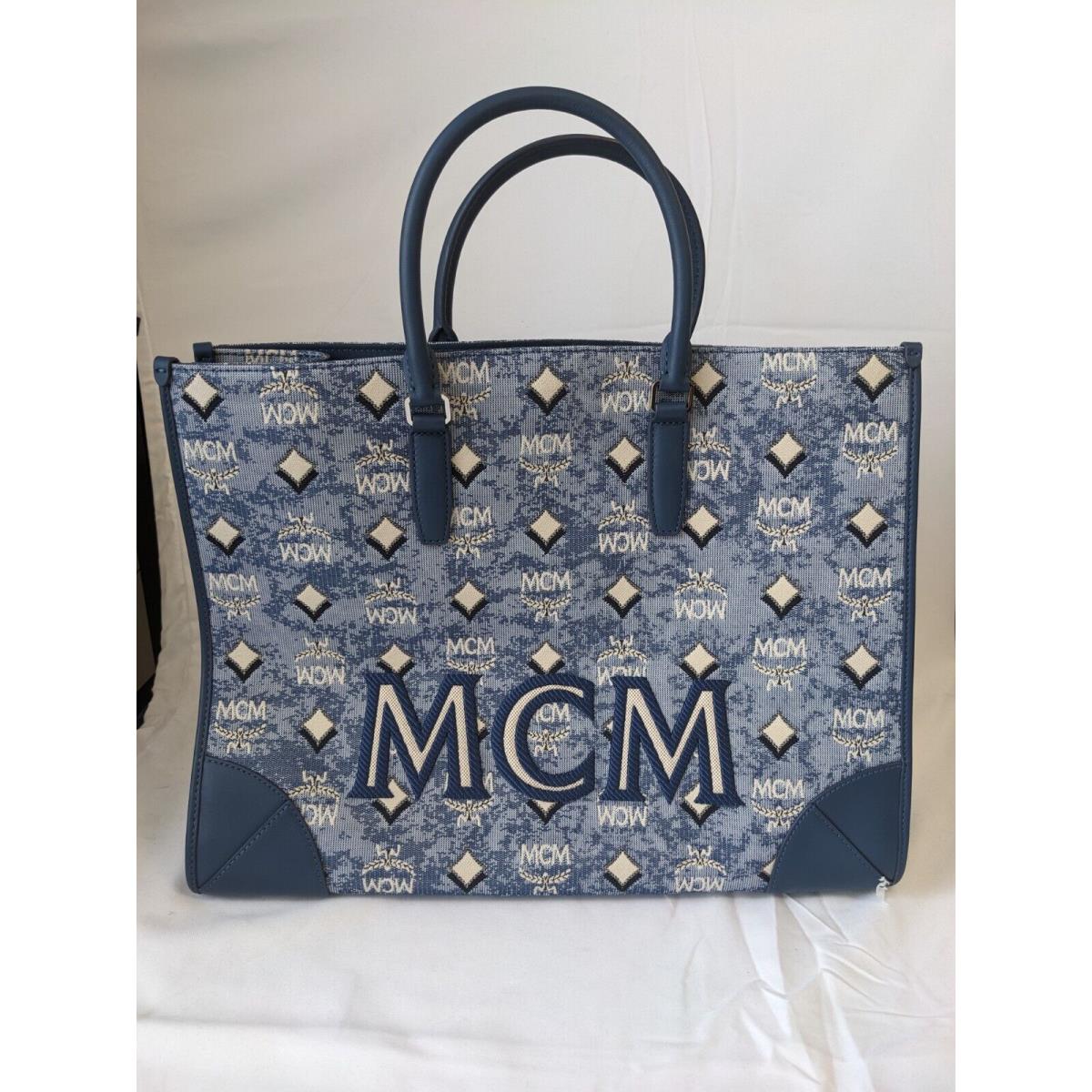 Mcm Women Vintage Jacquard Tote Bag Blue Large Size