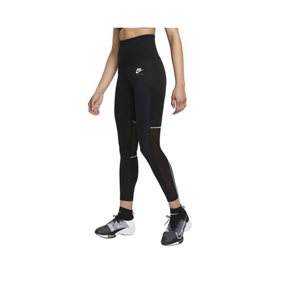 Nike Air Women`s Fold-over Waist 7/8 Leggings Black/white Small Pockets