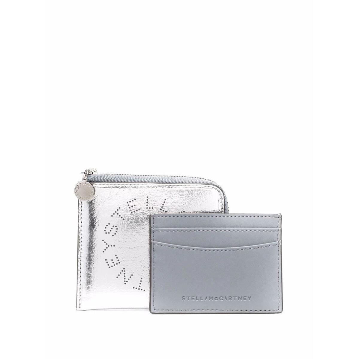 Stella Mccartney Logo Metallic Cardholder In Silver Blue Leather