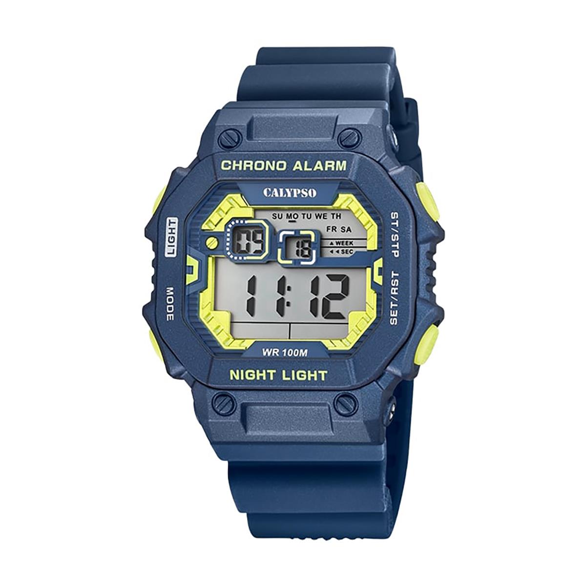 Festina Calypso 55mm Large Face Rectangle Mens Digital Watch Chrono Alarm Light - K5840 Blue / Yellow