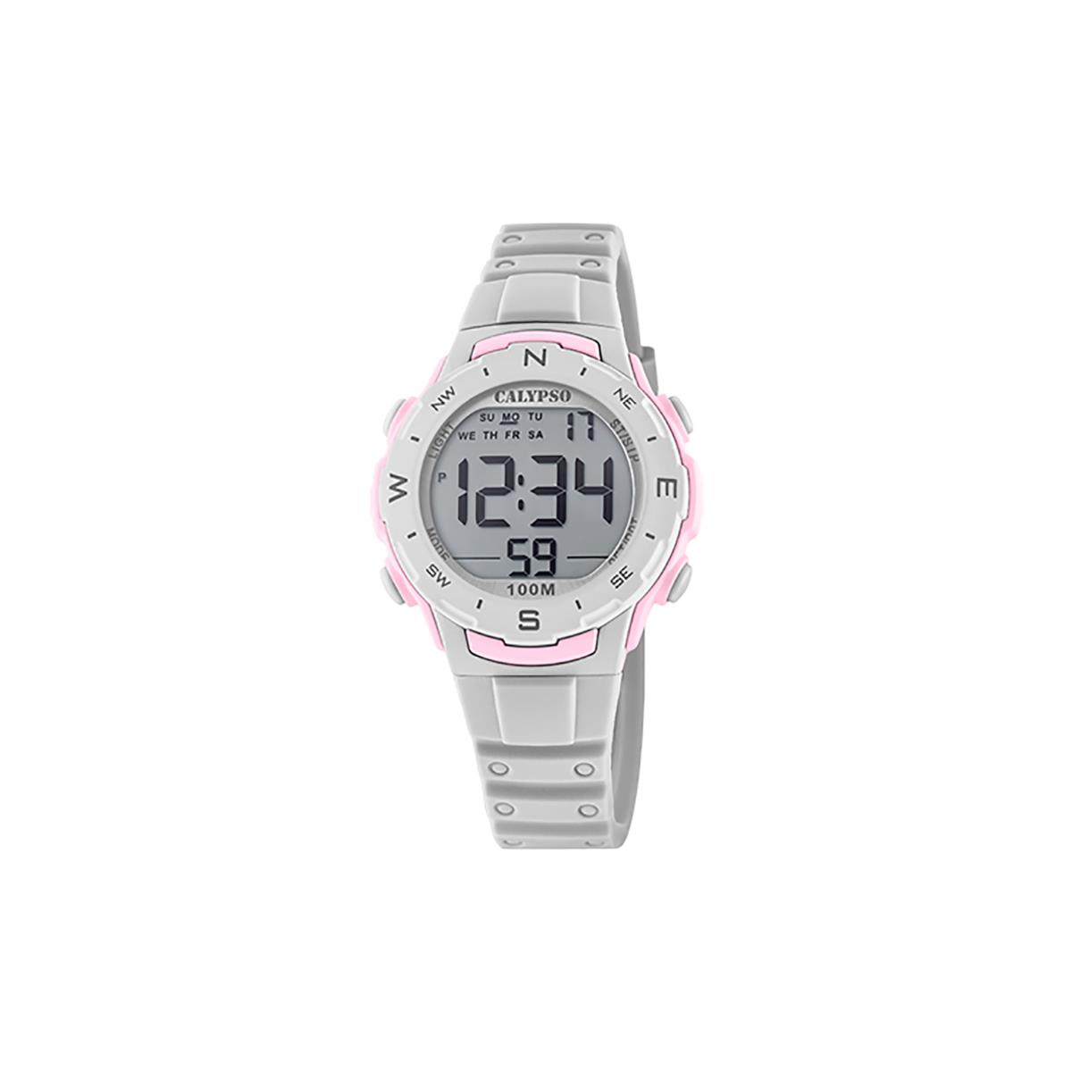 Festina Calypso 35mm Kids Digital Watch Silicone Sports Chrono Light Alarm - K5801 Grey / Pink