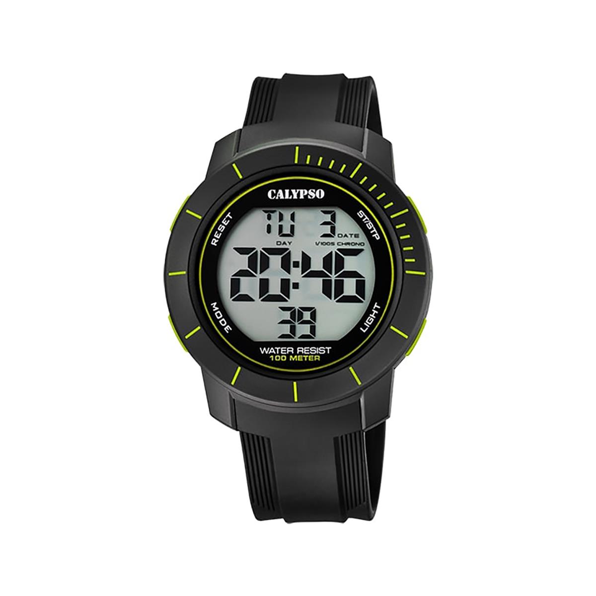 Festina Calypso Round Mens Black Digital Watch Silicone Chrono Alarm Light - K5839 Black / Neon Green