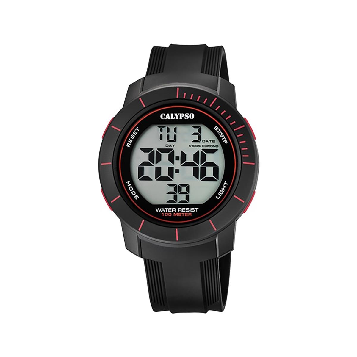 Festina Calypso Round Mens Black Digital Watch Silicone Chrono Alarm Light - K5839 Black / Red