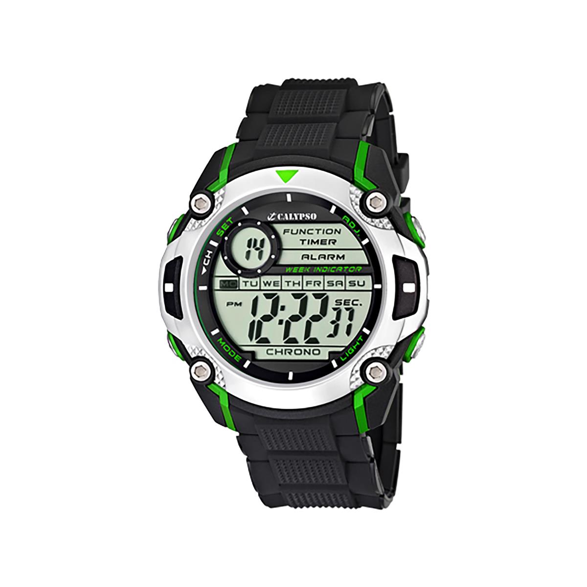 Festina Calypso 47mm Mens Digital Sports Watch Silicone Alarm Chrono Light - K5577 Black / Silver / Green