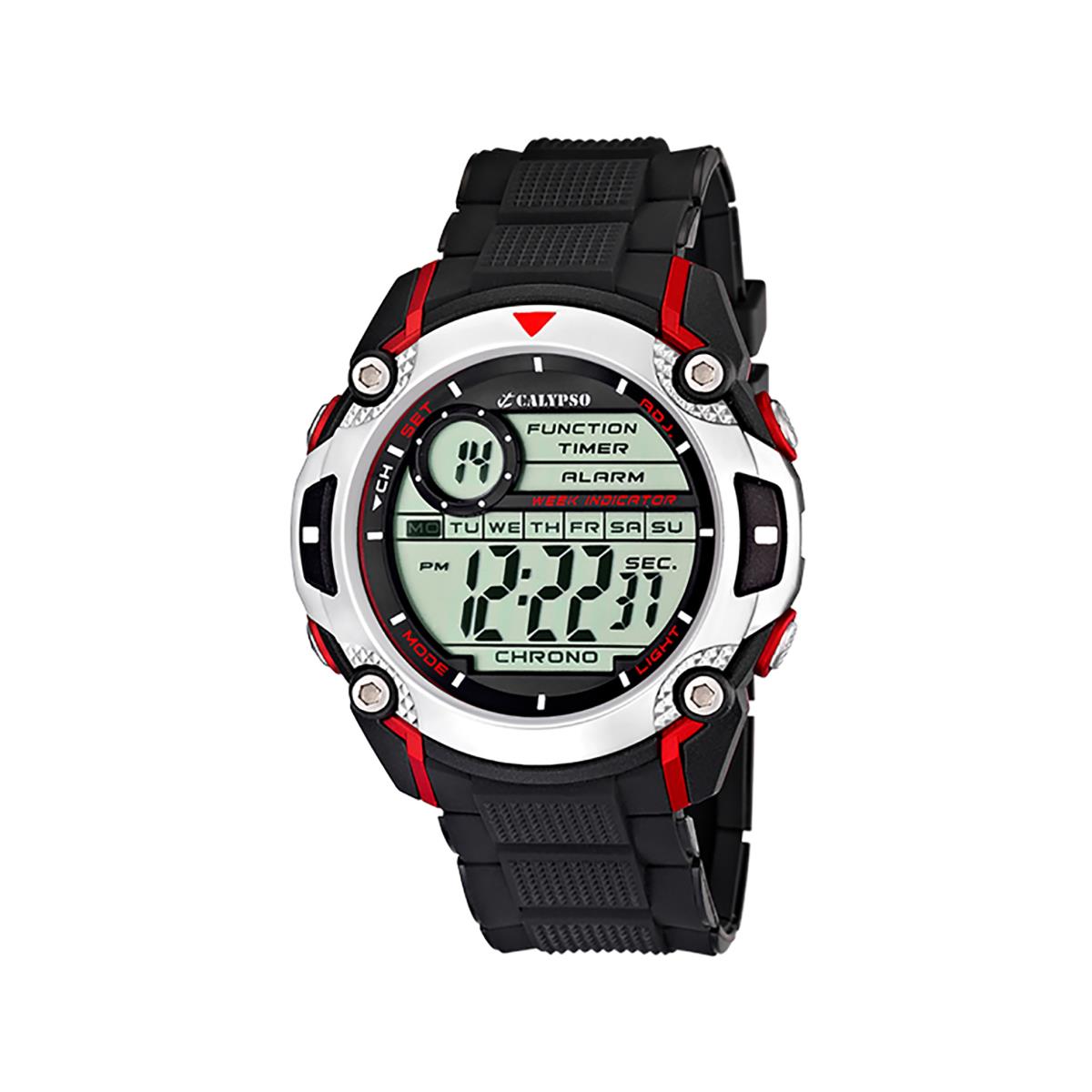 Festina Calypso 47mm Mens Digital Sports Watch Silicone Alarm Chrono Light - K5577 Black / Silver / Red