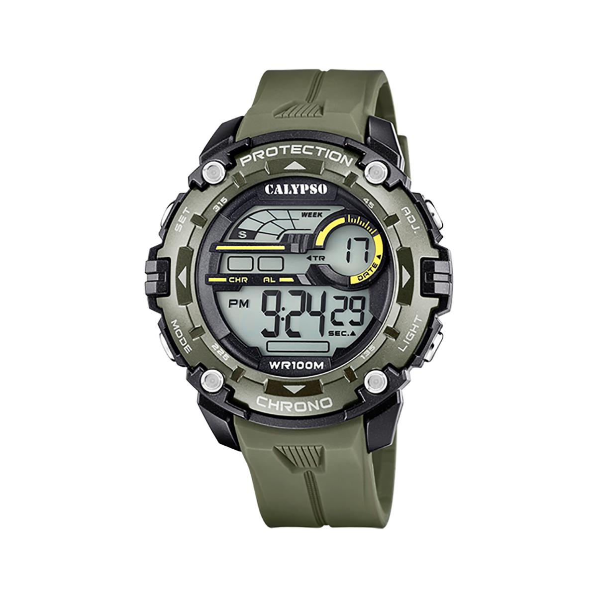 Festina Calypso Large 51mm Digital Watch For Men Chrono Military Time Light - K5819 Khaki / Black / Yellow