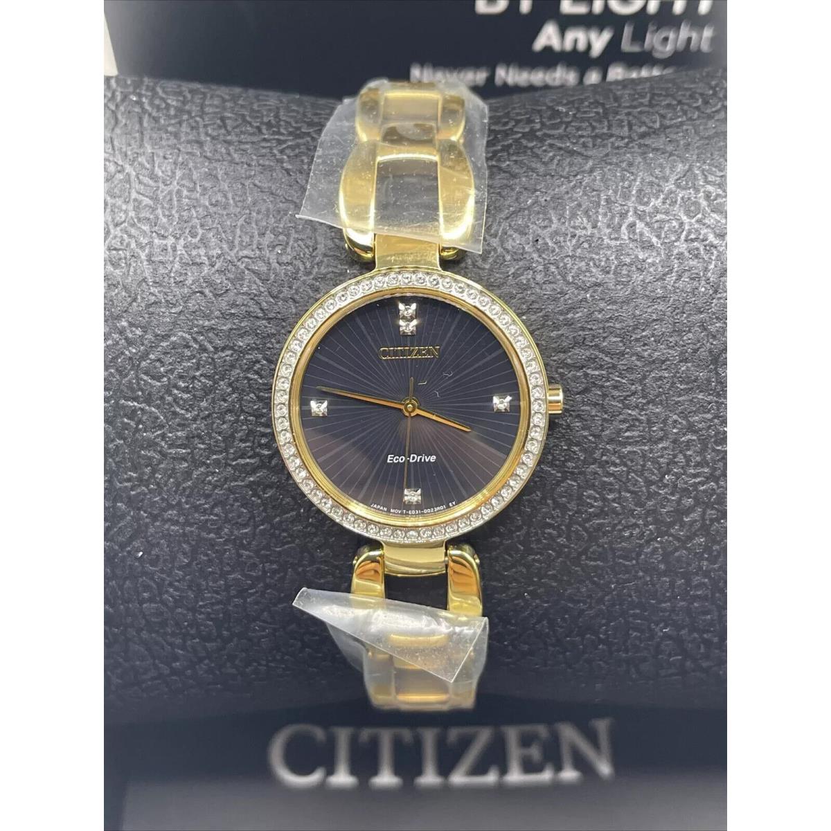 Womens Citizen Eco Drive Gold Plated Watch Black Dial Diamonds W41