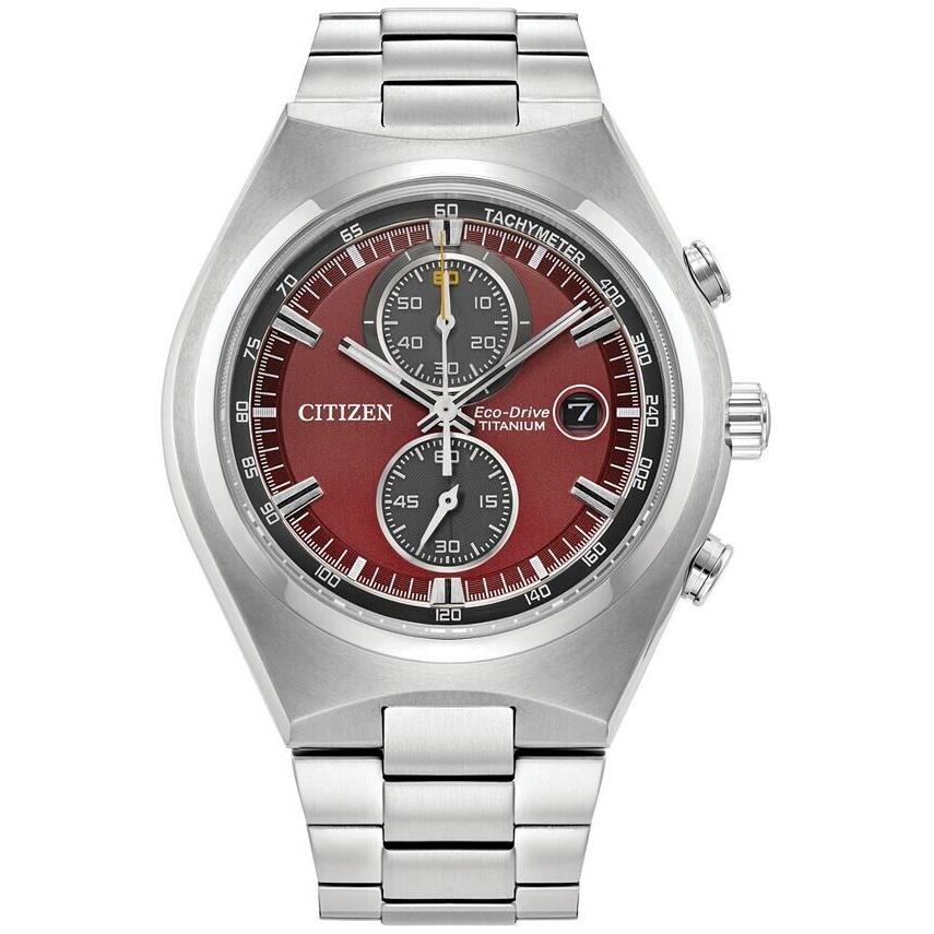 Citizen CA7090-87X Exclusive Brycen Super Titanium Chronograph Men`s Watch - Dial: Red, Band: Silver, Bezel: Silver