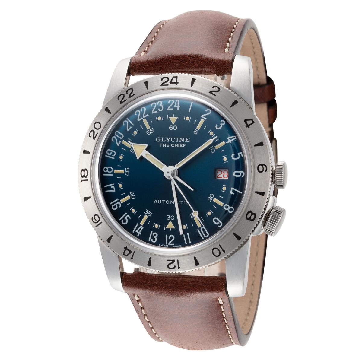 Glycine Men`s Airman Vintage The Chief GL0306 Blue Dial Leather Watch