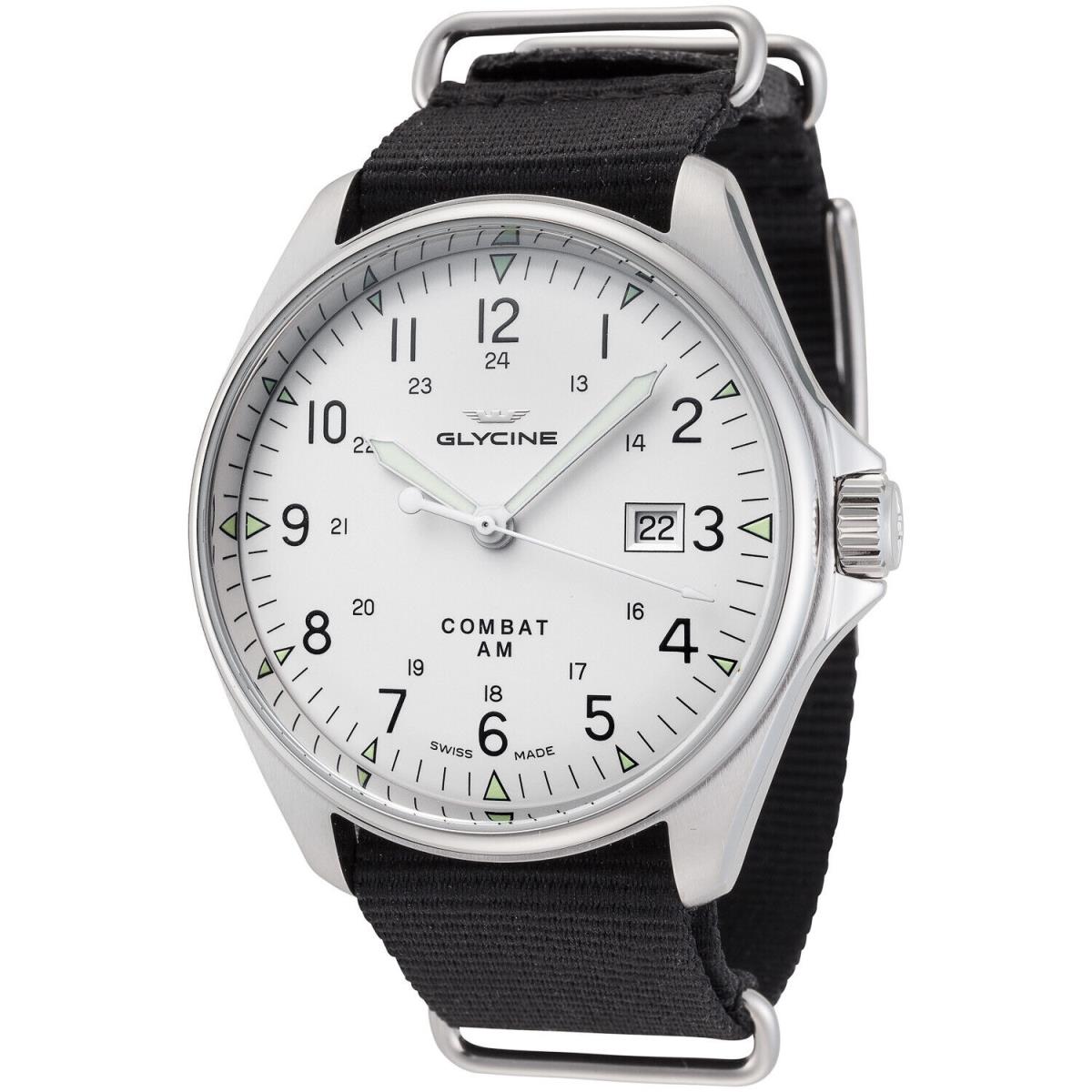 Glycine Men`s GL0124 Combat 6 Vintage 43mm Automatic Watch - Dial: Silver, Band: Black, Other Dial: Silver