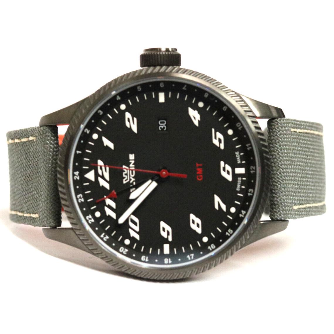 Swatch Glycine Airman Contemporary 45m Black Dial Green Cordura Band Swiss Watch GL1006