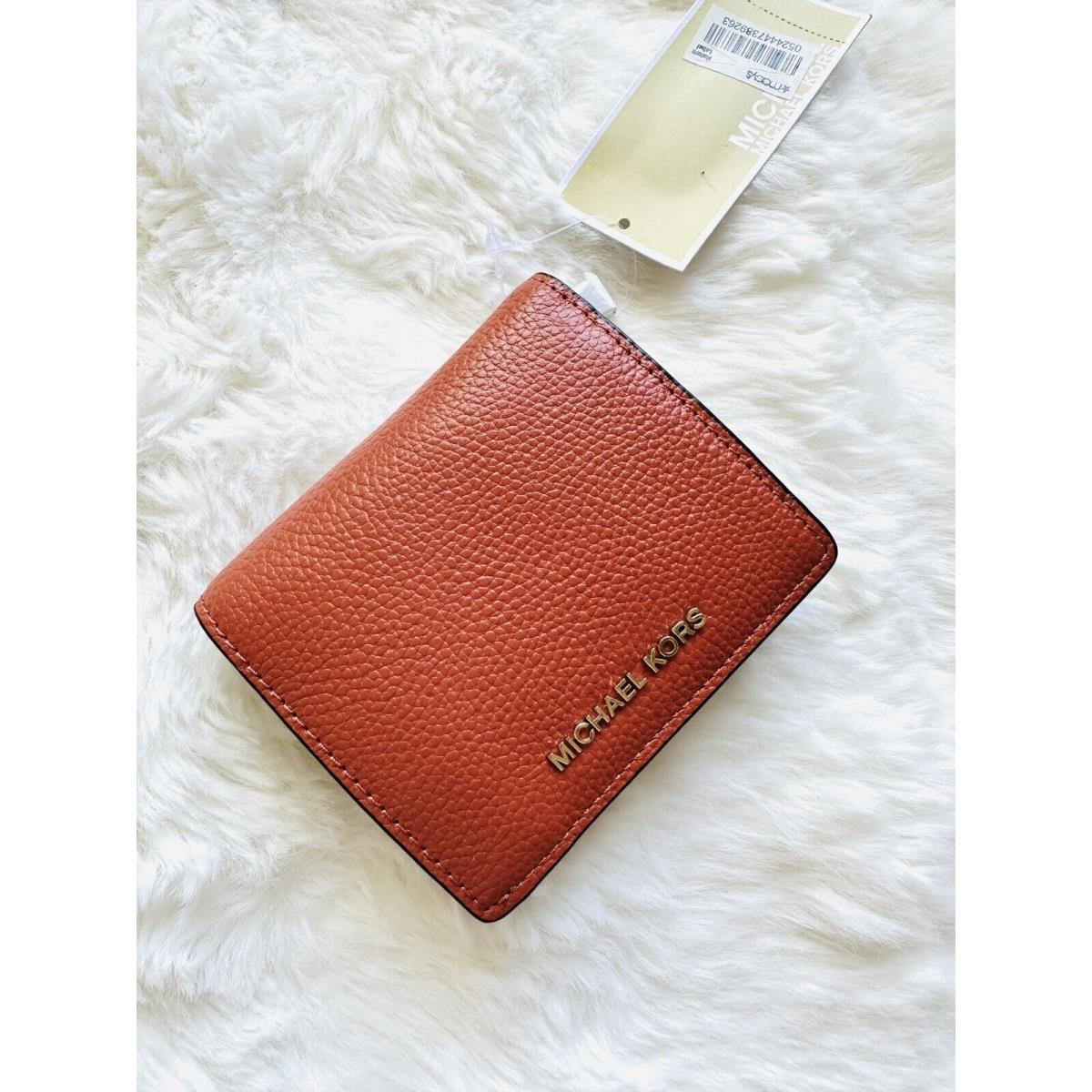 Michael Kors MK Mercer Leather Carryall Card Case Folding Wallet Orange Gold