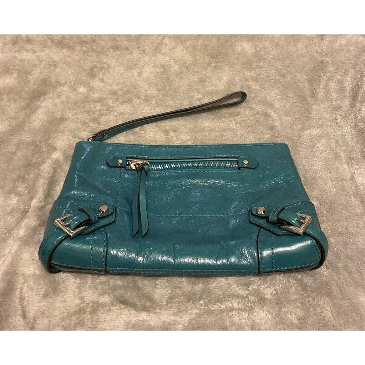 Michael Kors Large Fallon Zip Clutch Wristlet Aqua Turquoise Aquamarine Leather