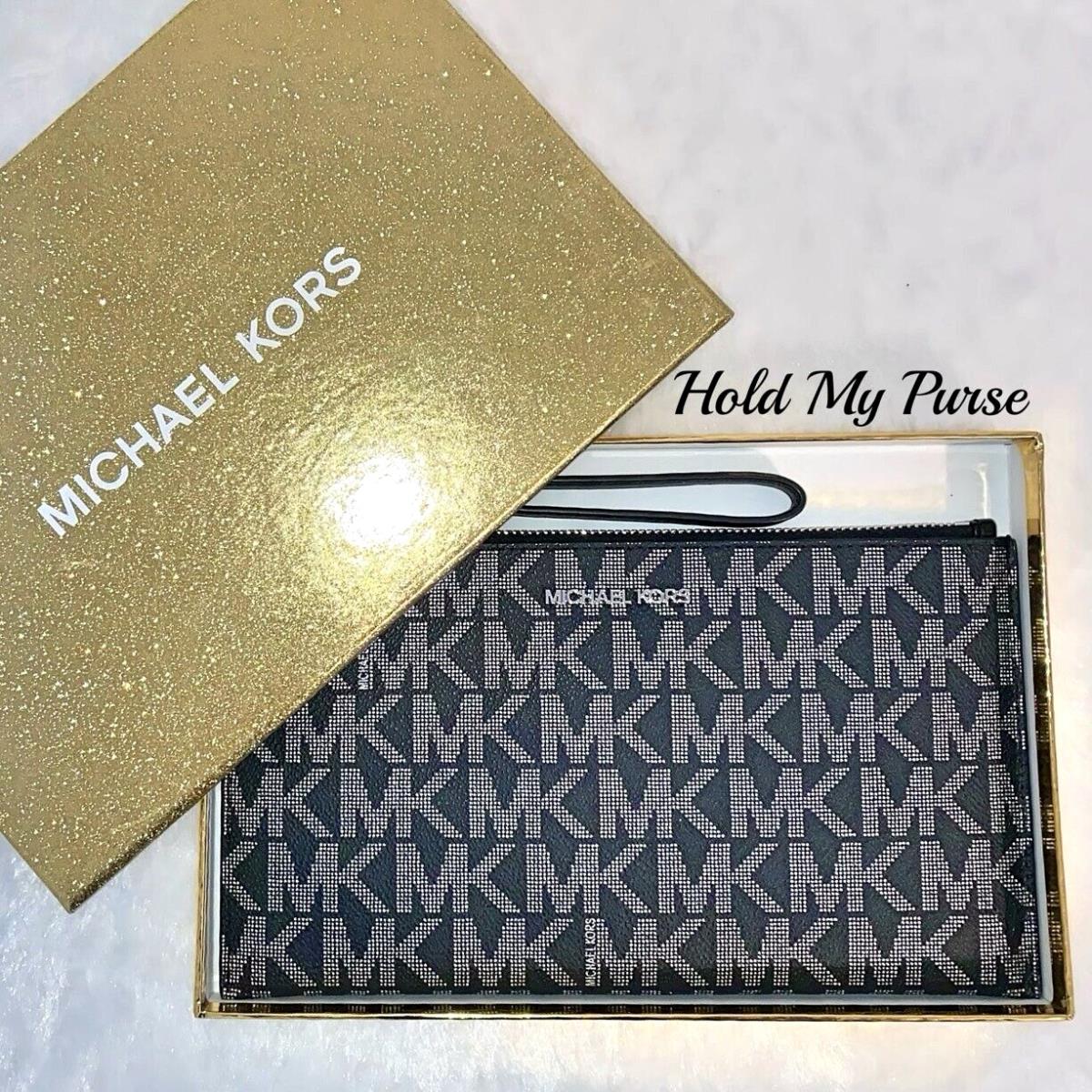 Michael Kors Jet Set Large Black Silver Phone Clutch Wristlet Bag