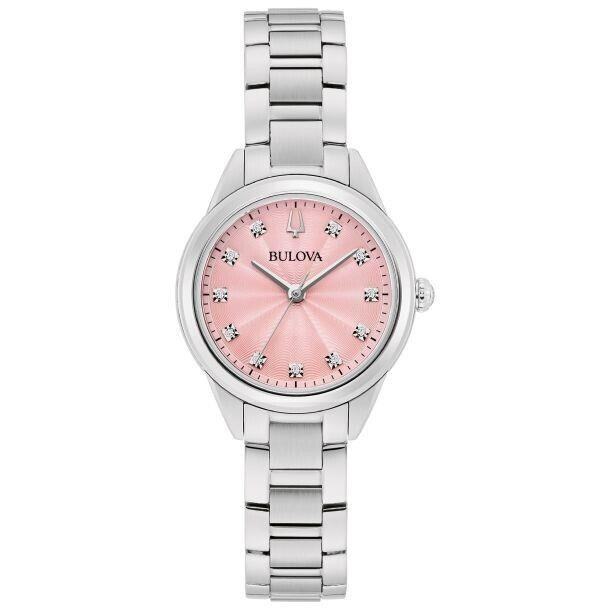 Bulova Sutton Pink Diamond Indexes Stainless Women`s Watch 96P249