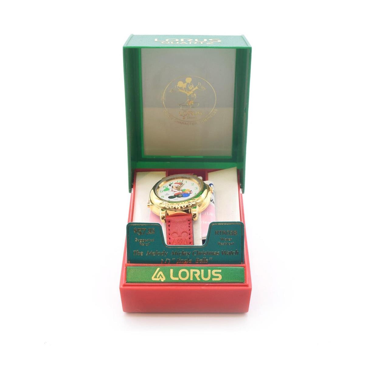 Vintage Lorus Quartz Mickey Mouse Watch Red Leather Band Jingle Bells