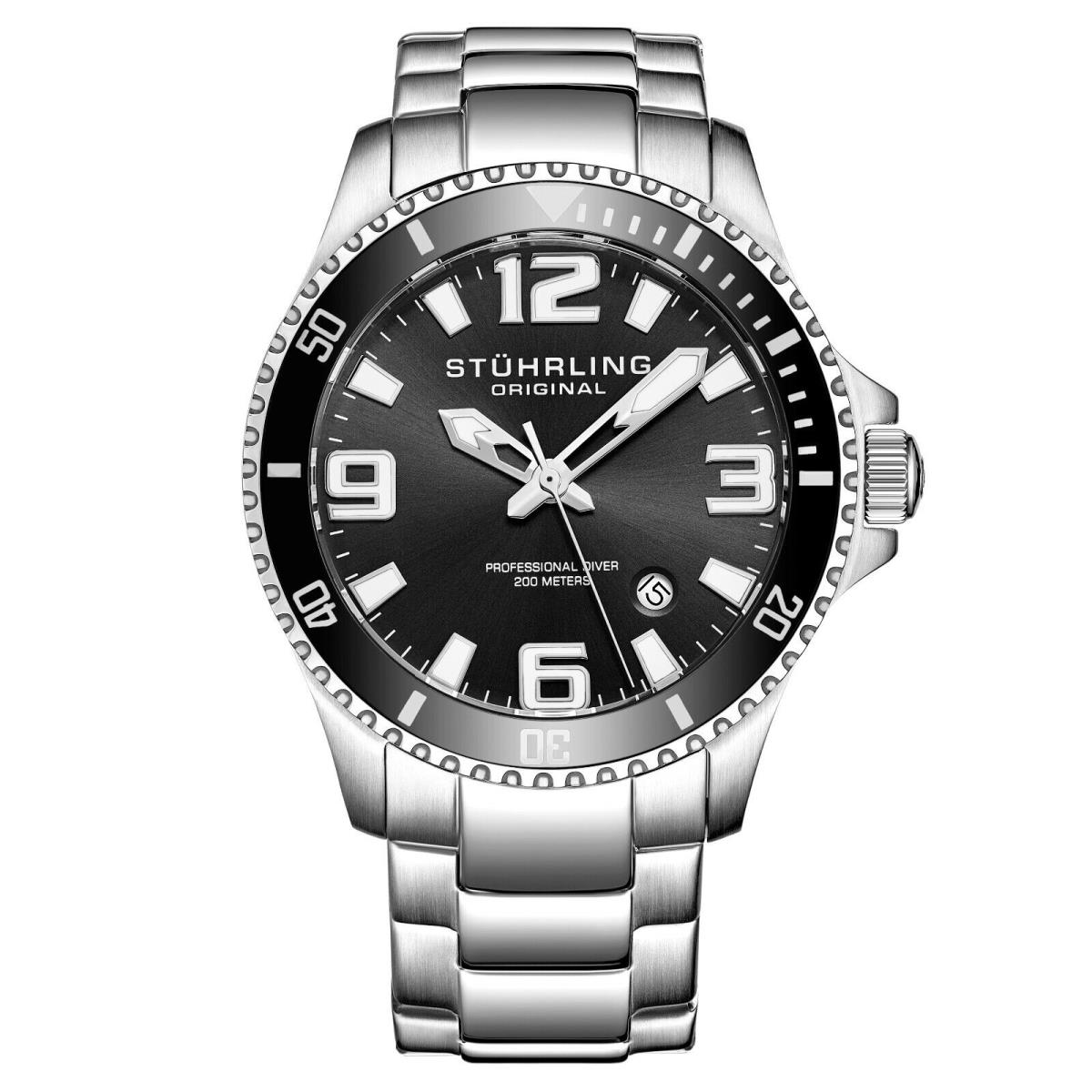 Stuhrling Mens Swiss Quartz Stainless Steel Dive Watch 200 Meter Water Resistant