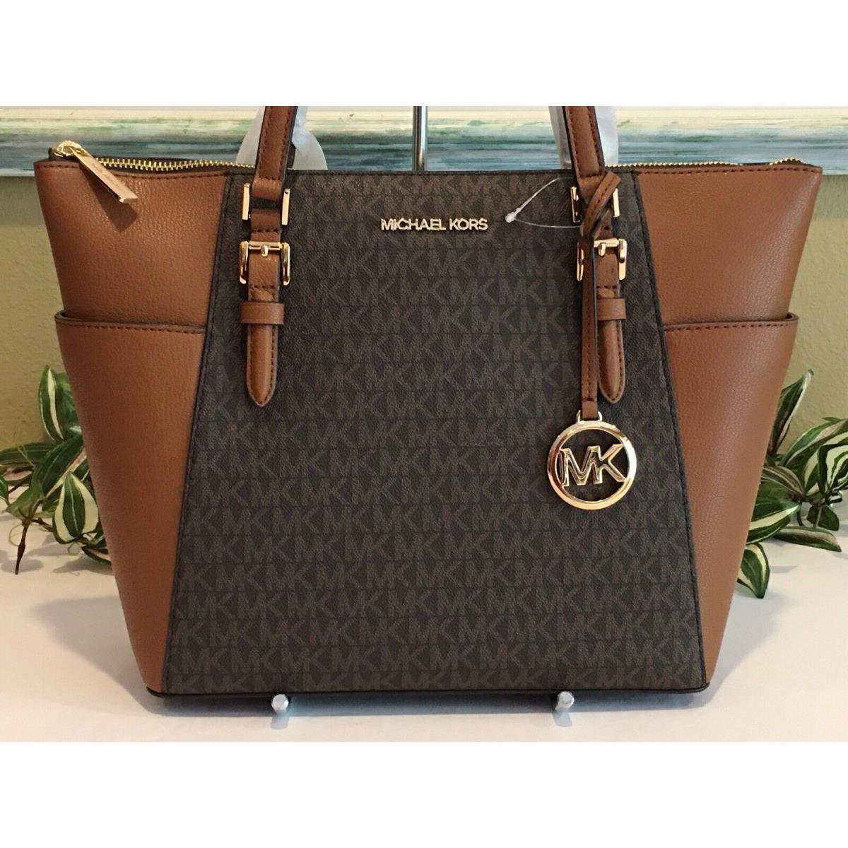 Michael Kors Charlotte Large Zip Tote Shoulder Bag MK Brown Signature Logo Purse