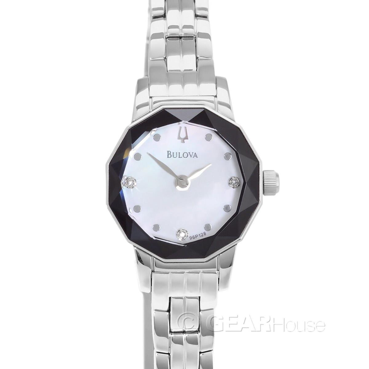 Bulova Womens Petite Watch Mop Diamonds Dial Silver Stainless Steel Faceted - Dial: White, Band: Silver, Bezel: Black