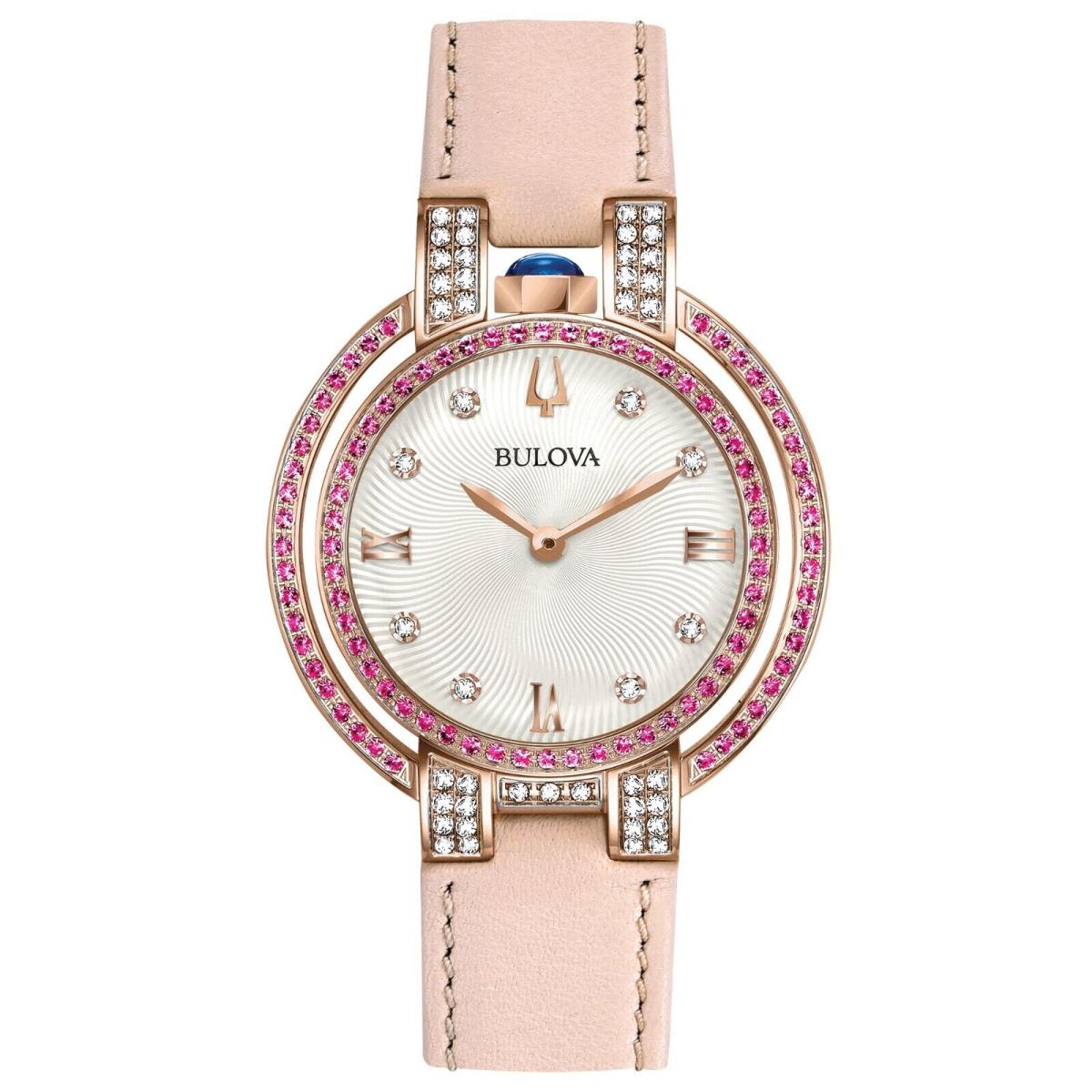 Bulova Rubaiyat Women`s Classic Diamond Accent Quartz Pink Watch 35mm 98R257 - Dial: Silver, White, Band: Pink