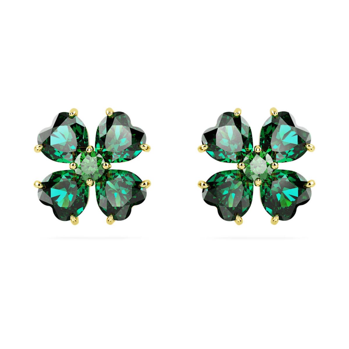 Swarovski Zirconia Idyllia Stud Earrings Clover Green Gold-tone Plated 5666236