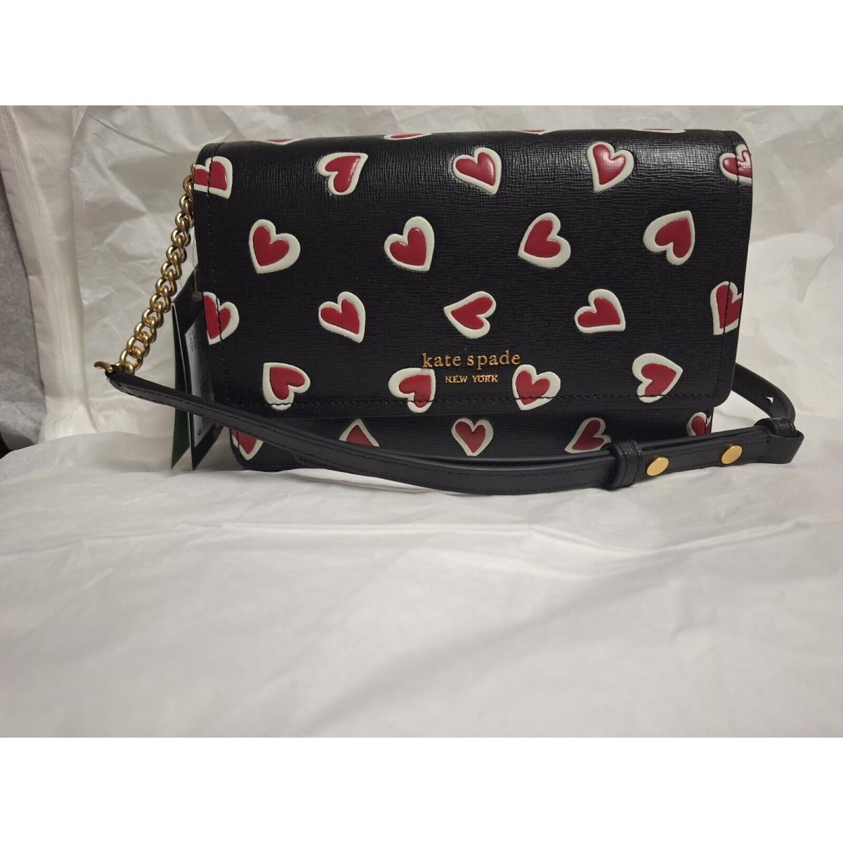 Kate Spade Morgan Black Stencil Hearts Small Crossbody Flap Purse New