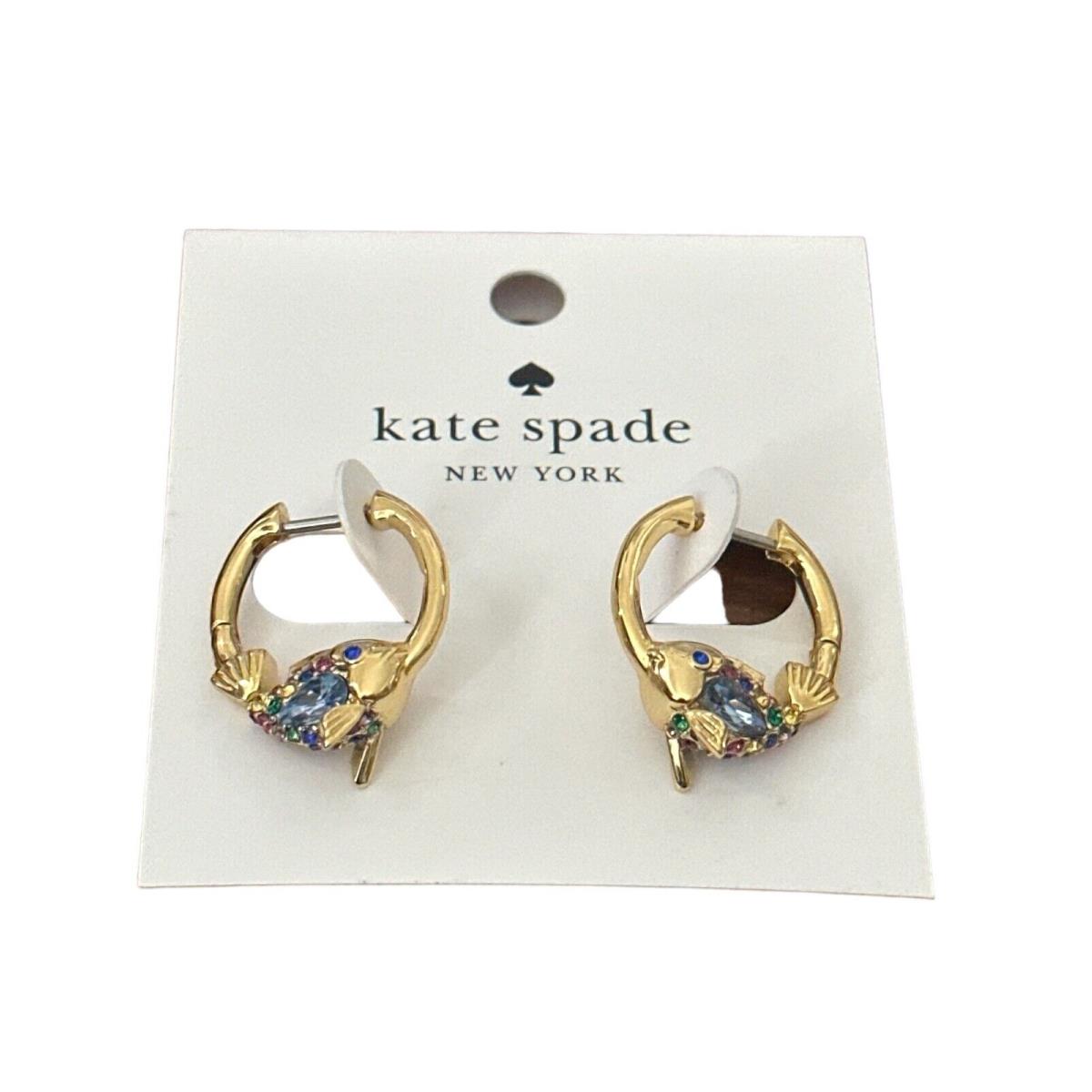 Kate Spade What a Catch Hoop Earrings-fish- Blue Stone-red Green Pink- Gold Tone