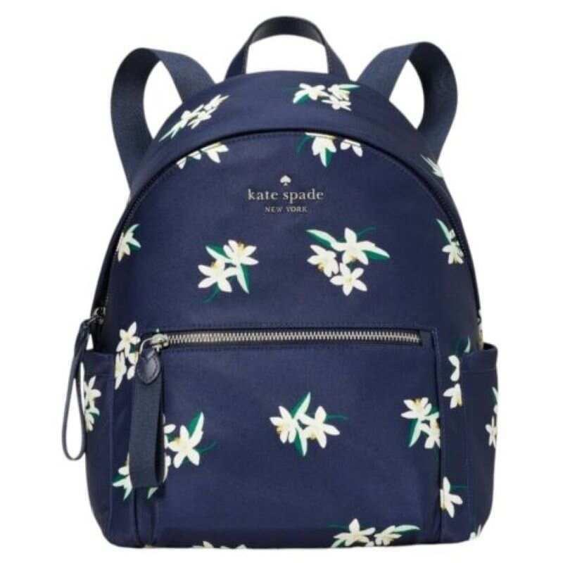 Kate Spade Orange Blossom Parisian Chelsea Medium Navy Nylon Floral Backpack