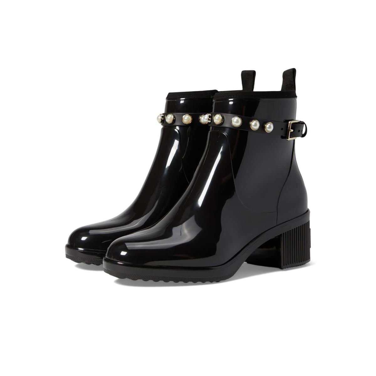 Kate Spade New York Block Heel Zip-up Rain Boots Puddle Pearls Black 8 M