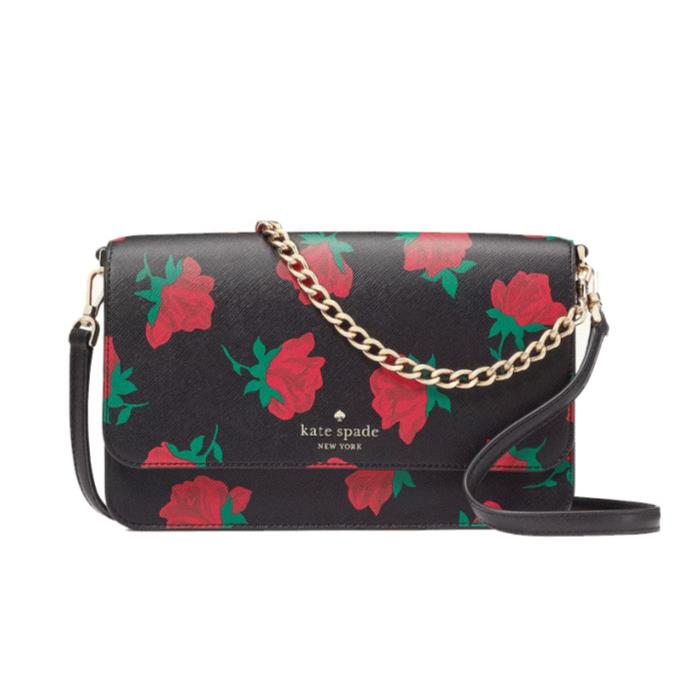 New Kate Spade Madison Flap Crossbody Rose Toss Print Black