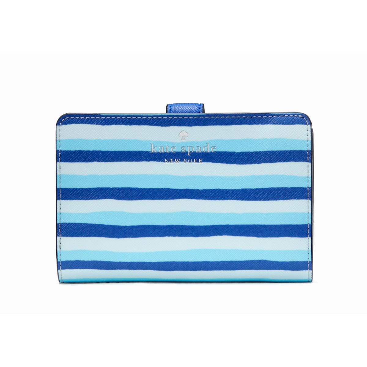 New Kate Spade Schuyler Wave Stripe Medium Compact Bifold Wallet Blue Multi