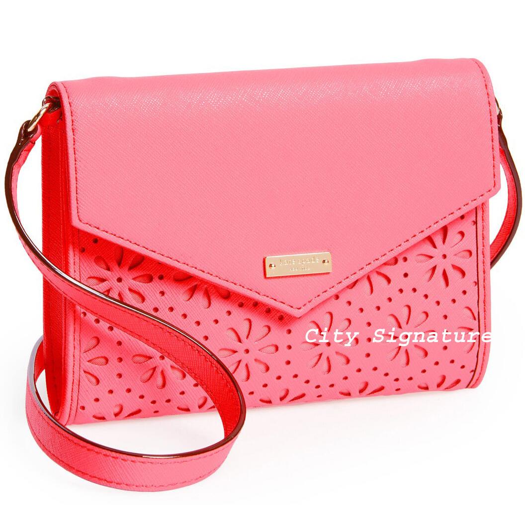 Kate Spade Perforated Flowers Leather Envelope Clutch Wallet Hot Pink Coral