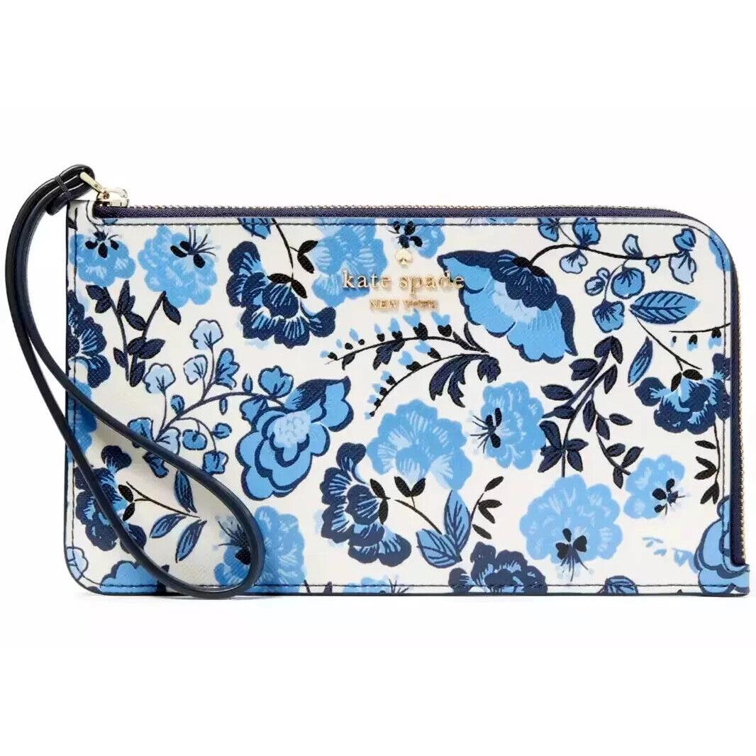 Kate Spade Lucy Vase Floral Blue Medium L Zip Wristlet KH766 Wallet New