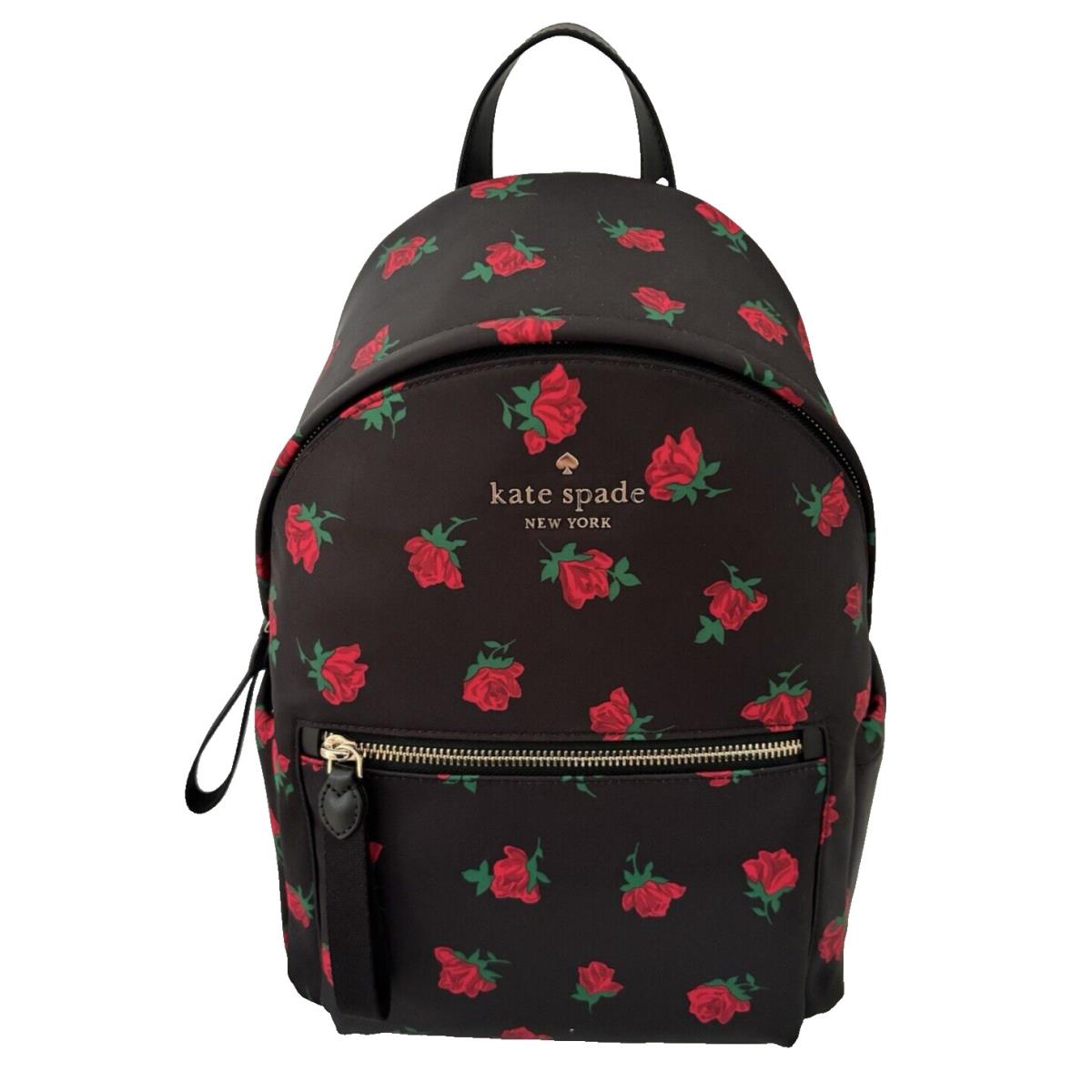 Kate Spade Chelsea Red Rose Floral Printed Medium Backpack Bag Nylon Black