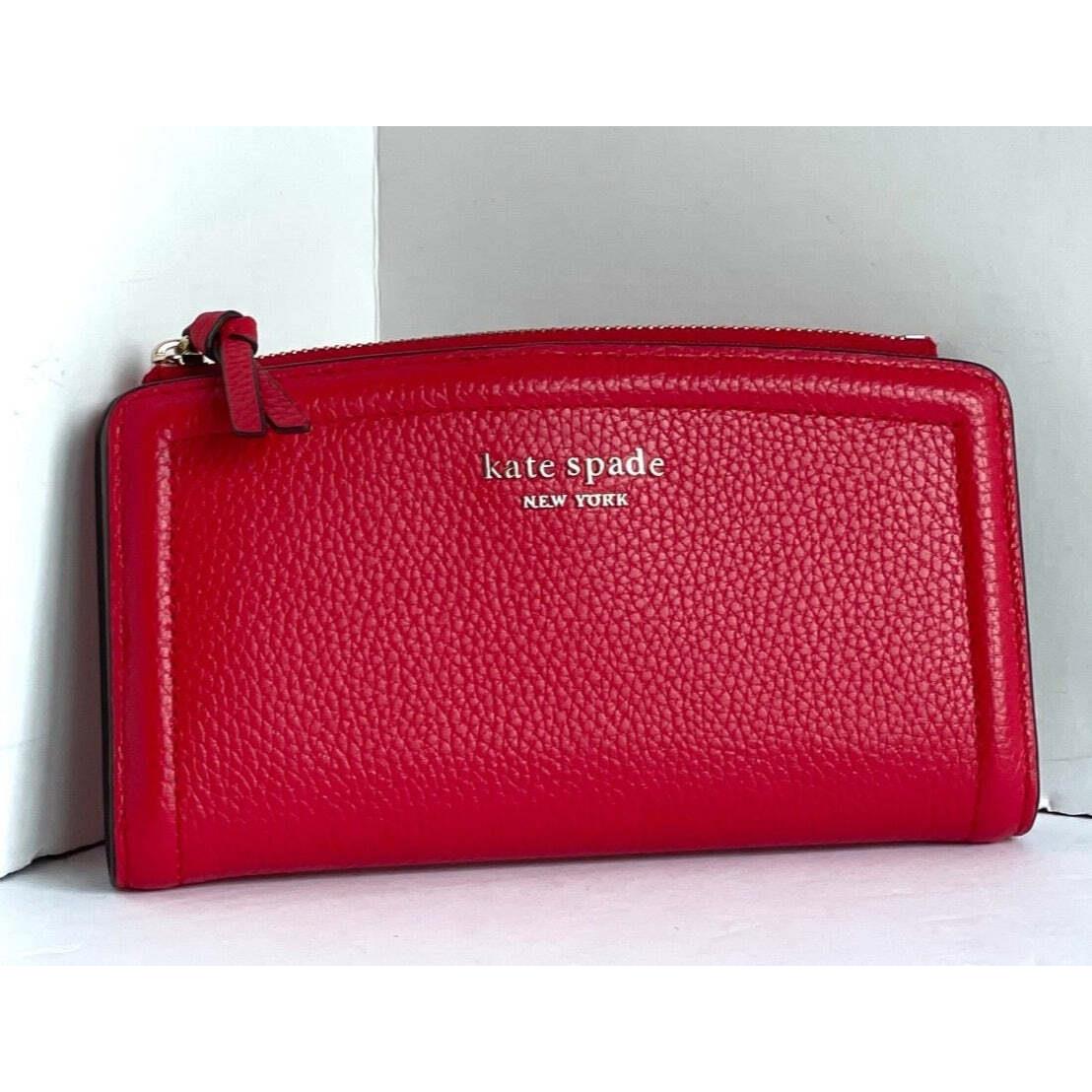 Kate Spade Knott Leather Wallet Womens Red Slim Bifold Pocket Snap Billfold