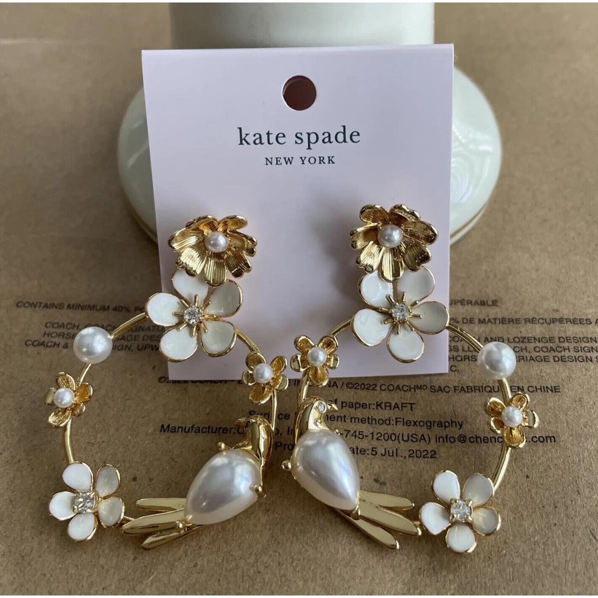 Kate Spade Pearl Birds Enamel Flowers Daisy Drop Dangle Hoop Earrings Gold Tone