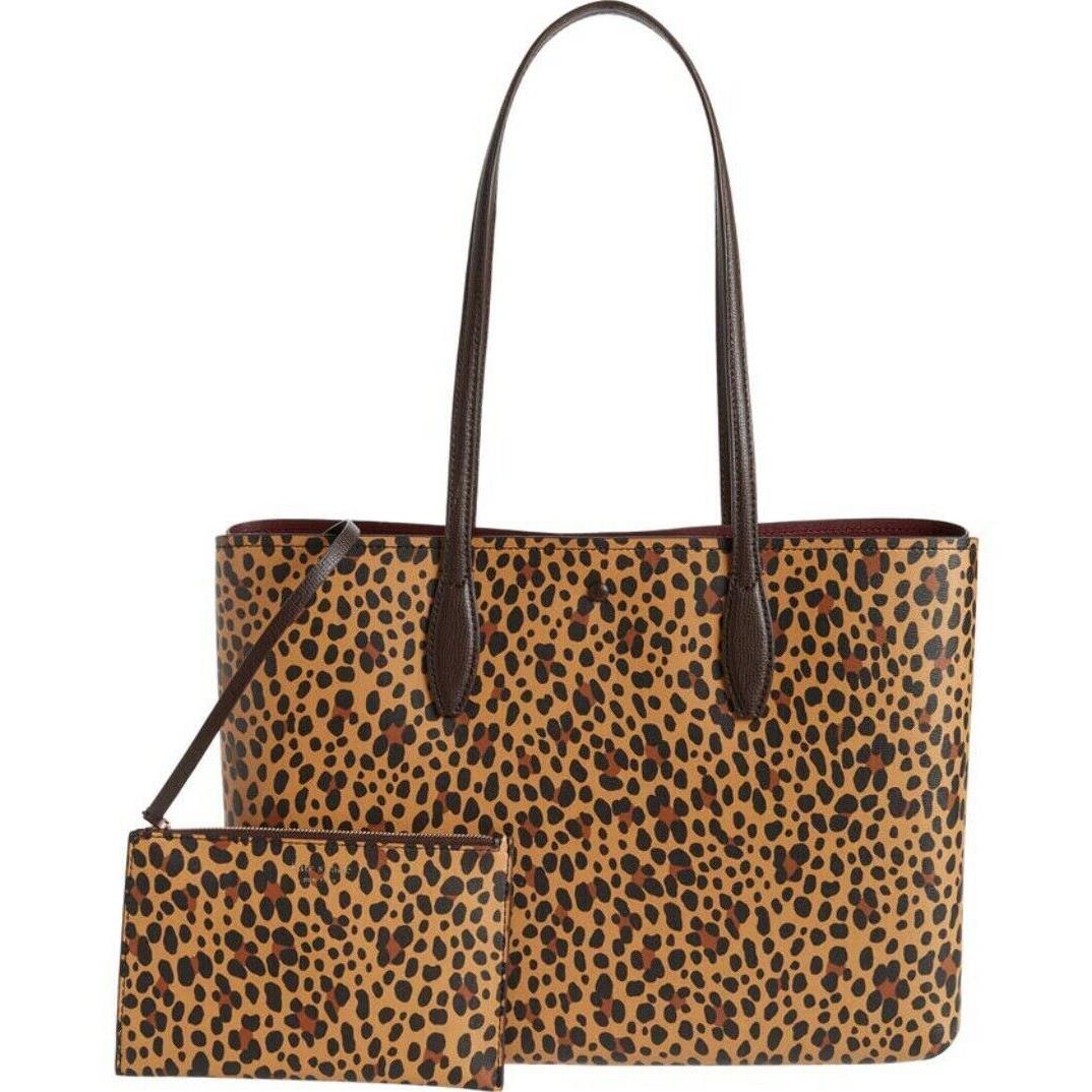 Kate Spade All Day Tote Leopard Brown Leather Shoulder Bag Purse Wristlet Set